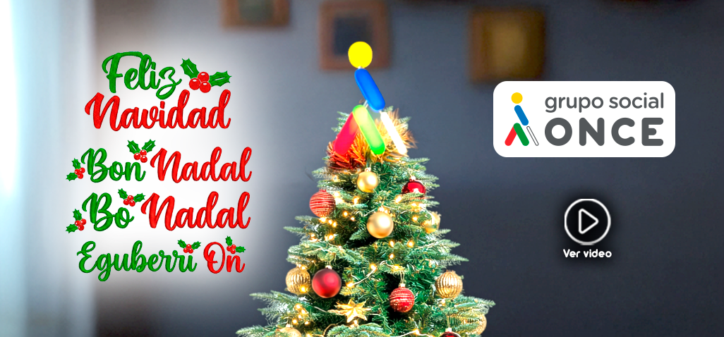 Feliz Navidad en las lenguas cooficiales y un árbol de Navidad en el centro con Oncelio arriba y logo Grupo Social ONCE
