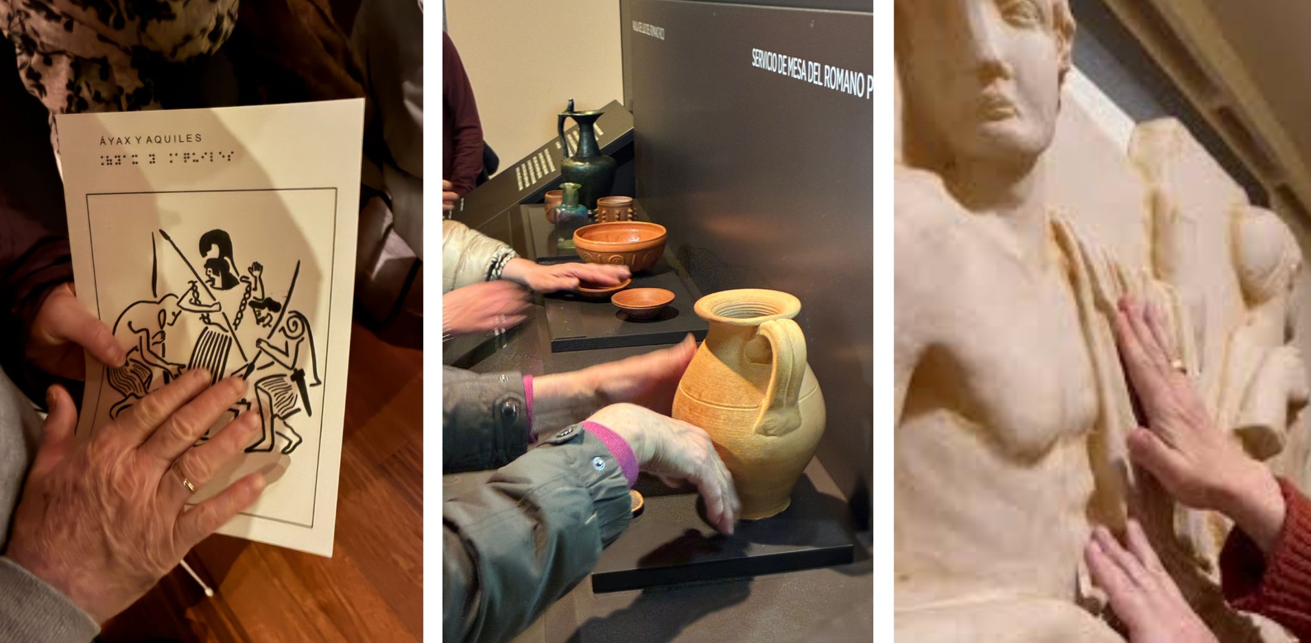 Manos de personas ciegas tocando las láminas relieve, réplicas de cerámica y ánforas romanas, y relieves griegos durante la visita a la muestra combinada