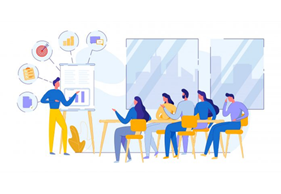 Ilustración de un aula con un profesor y varios alumnos.