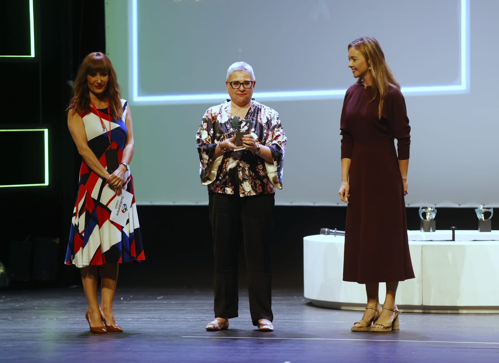 Ofelia Debén, directora y presidenta de Proxecto Home Galicia recogiendo el Premio Solidario a ONG, Institución
