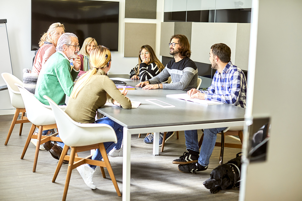 Un grupo de personas de reunión alrededor de una mesa, algunas de ellas tienen discapacidad