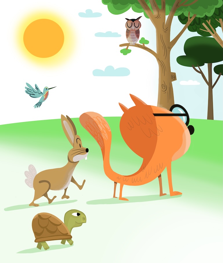 Los animales protagonistas del cuento en un día soleado en el bosque