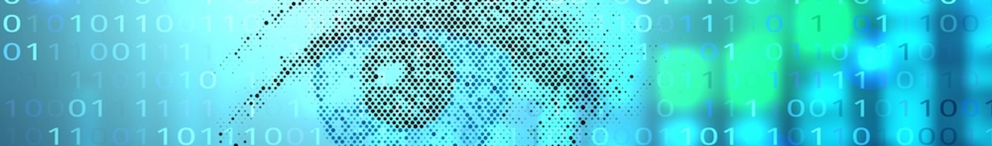 Un ojo pixelado sobre fondo de unos y ceros azules