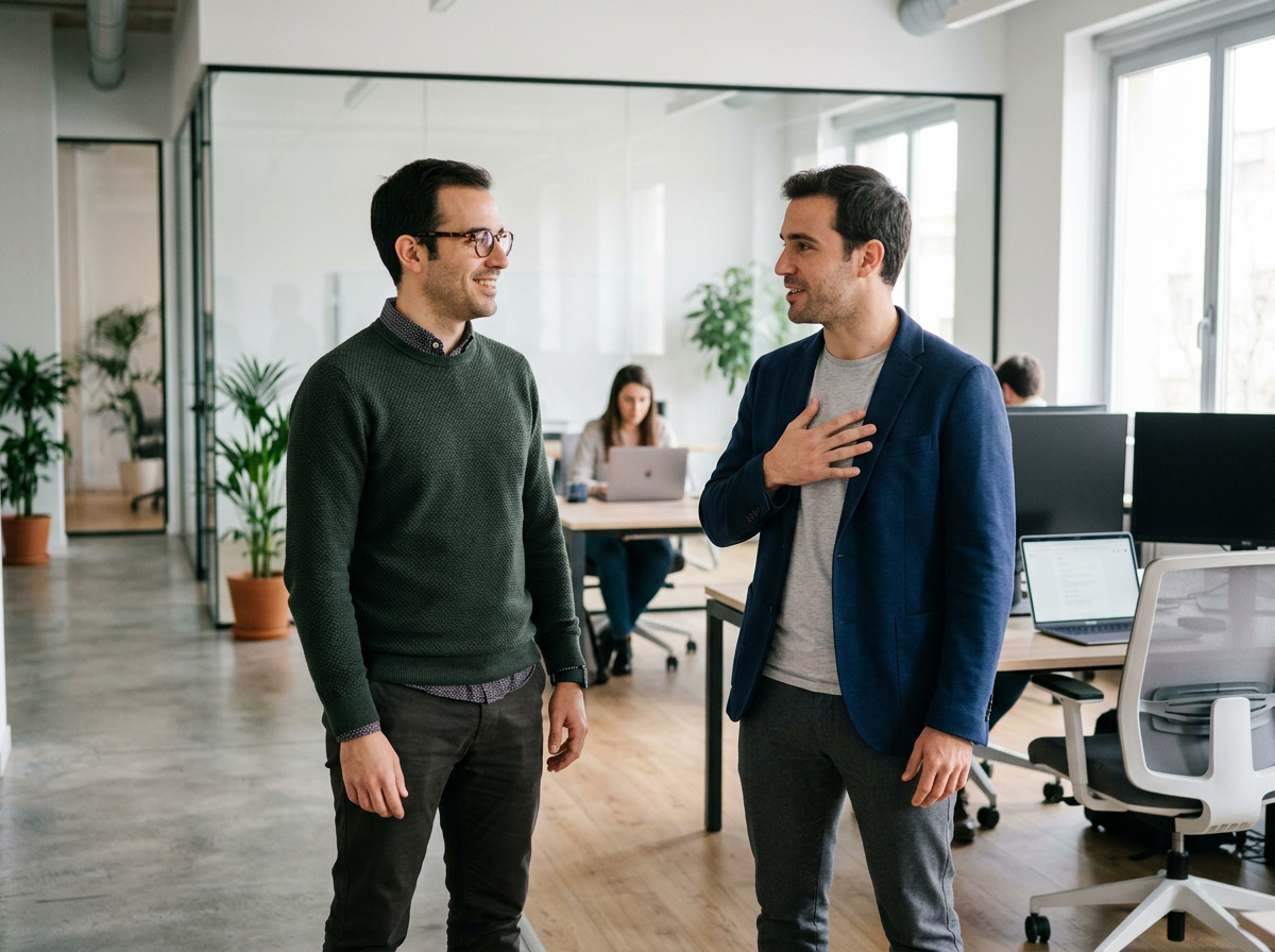dos hombres hablando en un entorno laboral