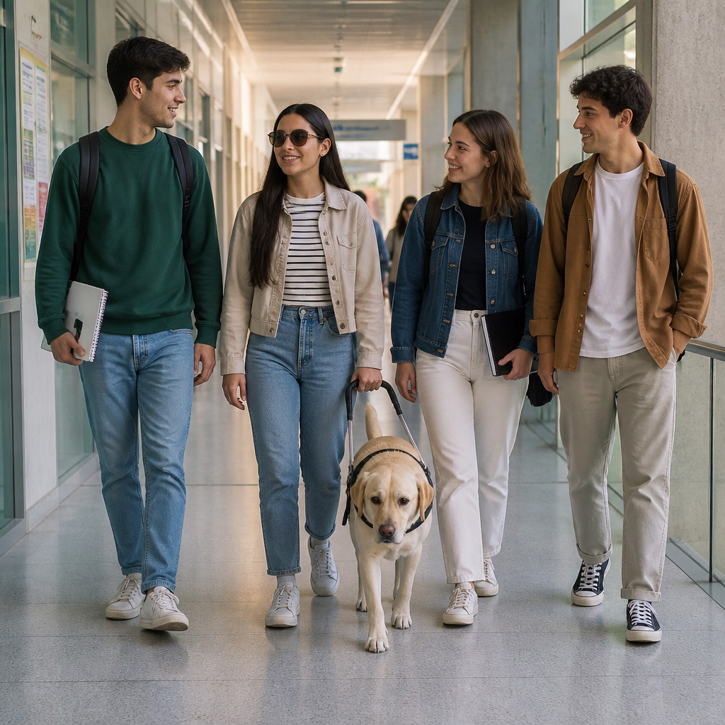 cuatro personas, una de ellas con un perro guíia