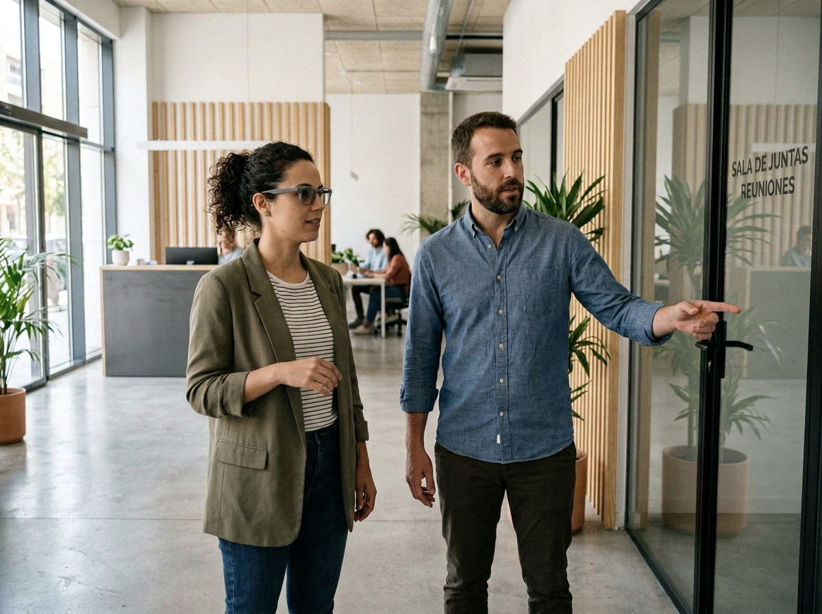 dos personas hablando en un entorno laboral