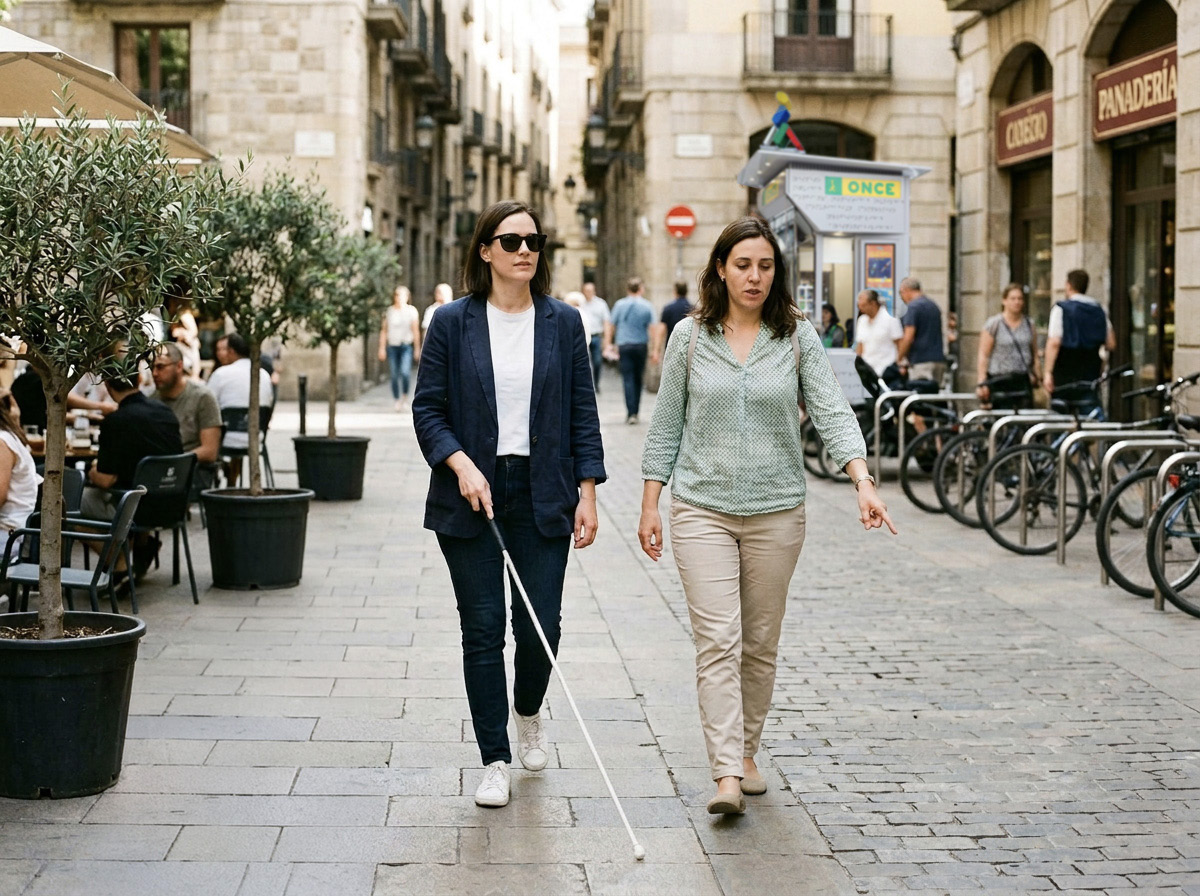 dos personas paseando por la calle, se observa un quiosco de la once al fondo de la imagen